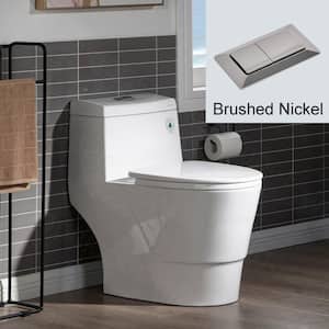 Everette 1-piece 1.1/ 1.6 GPF Dual Flush Elongated Toilet in White with Seat Included and Brushed Nickel Flush Button