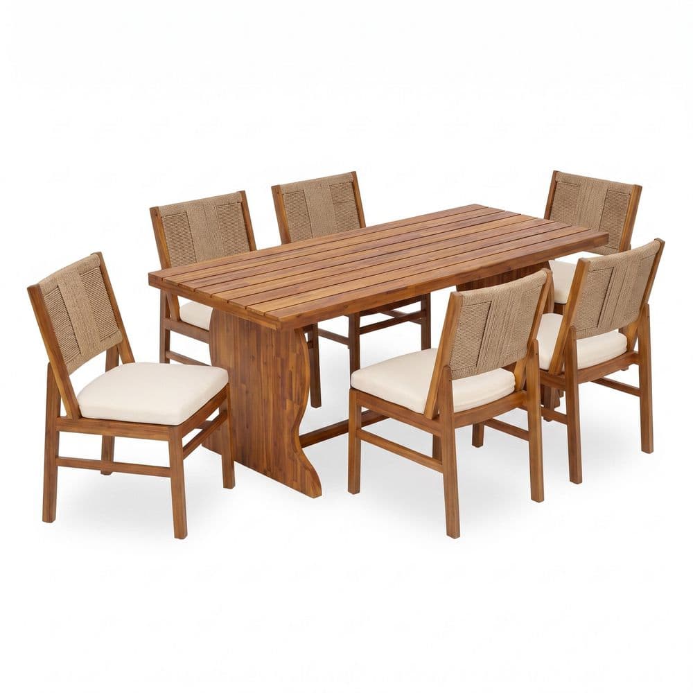 7-Piece Rectangle Teak Solid Wood Top Outdoor Dining Table Set with Cream Cushion Seats 6