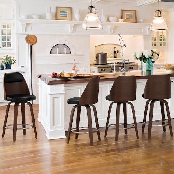 Unbranded Edward 26 in. Black Faux Leather Swivel Bar Stool Solid Wood Walnut Frame Counter Height Bar Stool (Set of 4)
