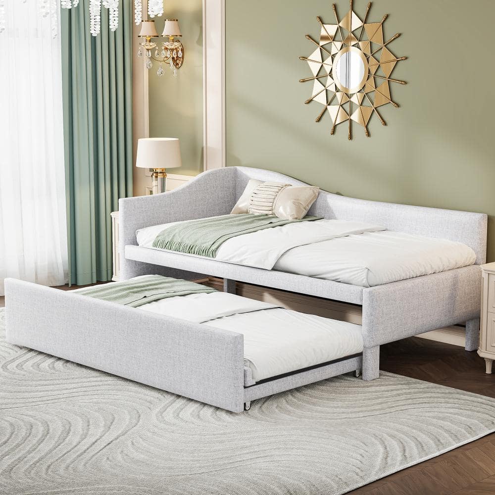 Beige Twin Size Upholstered Daybed with Pop Up Trundle