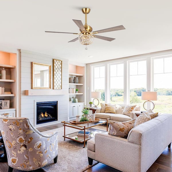 Shena 52 in. Indoor Downrod 5-Blade Gold Ceiling Fan with Light Kit and Remote Control