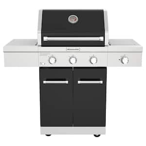 3-Burner Propane Gas Grill with Searing Side Burner and Silver PDC Side Shelves in Black