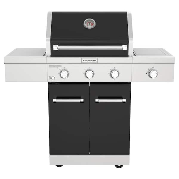 KitchenAid 3-Burner Propane Gas Grill with Searing Side Burner and Silver Powder Coated Side Shelves in Black