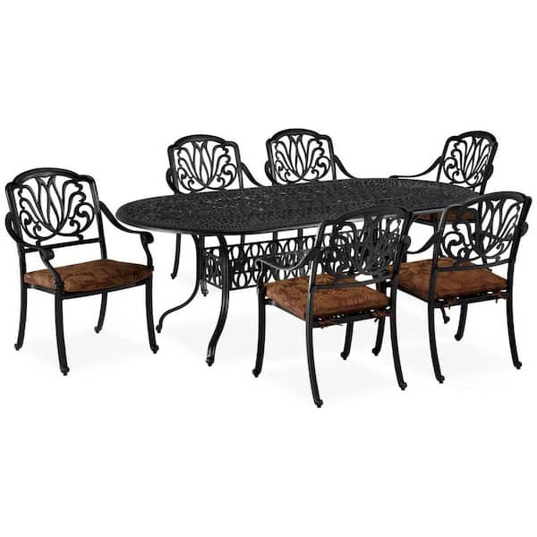 Capri Charcoal Gray 7-Piece Cast Aluminum Oval Outdoor Dining Set with with Burnt Sierra Orange Cushions