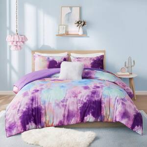 Karissa 3-Piece Lavender Twin/Twin XL Watercolor Tie Dye Printed Polyester Comforter Set with Throw Pillow