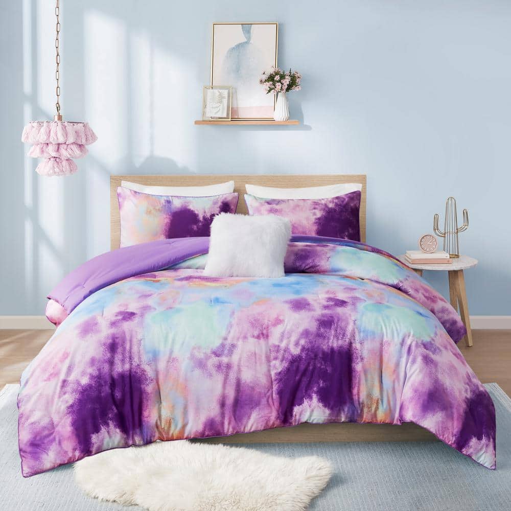 Lavender Full Microfiber Tie Dye Comforter Set with Decorative Pillow