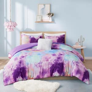 Karissa 4-Piece Lavender Full/Queen Watercolor Tie Dye Printed Polyester Comforter Set with Throw Pillow