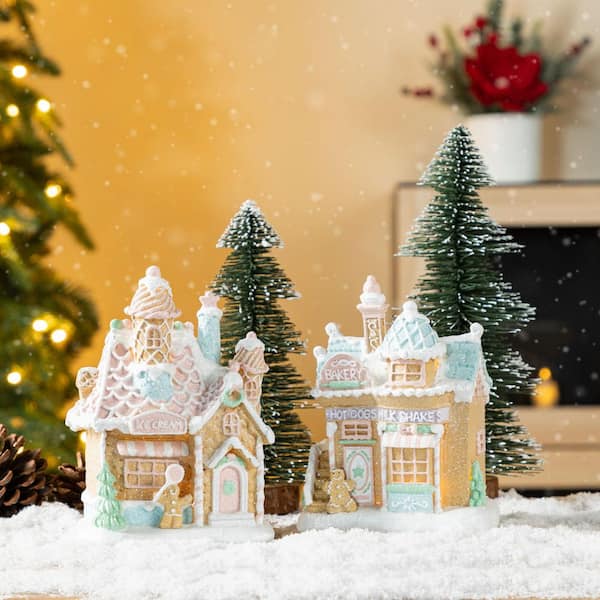 Glitzhome 7 in. H Christmas Macaron Resin Village Table Decor (Set