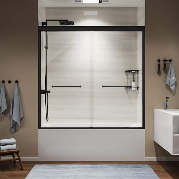 WELLFOR 60 in. W x 58 in. H Sliding Tub Door in Matte Black with Clear Glass and 2 Handles