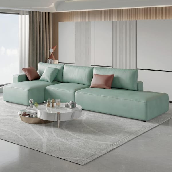 Shape 4 Seats Corner Sectional Sofa, Green Leather Sectional Couch