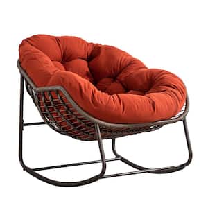 Indoor and Outdoor PE Wicker Outdoor Rocking Chair with Orange Cushion, Rocker Recliner Chair for Porch, Patio Garden