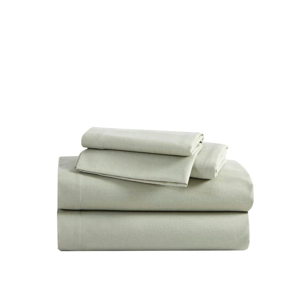 Solid 4-Piece Green Cotton Flannel King Sheet Set