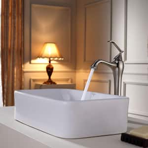 Soft Rectangular Ceramic Vessel Bathroom Sink in White with Pop Up Drain in Satin Nickel