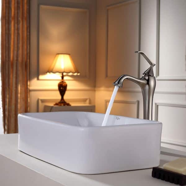 KRAUS Elavo 19.3 in. Soft Rectangular Vessel Bathroom Sink in White Vitreous China with Pop Up Drain in Satin Nickel