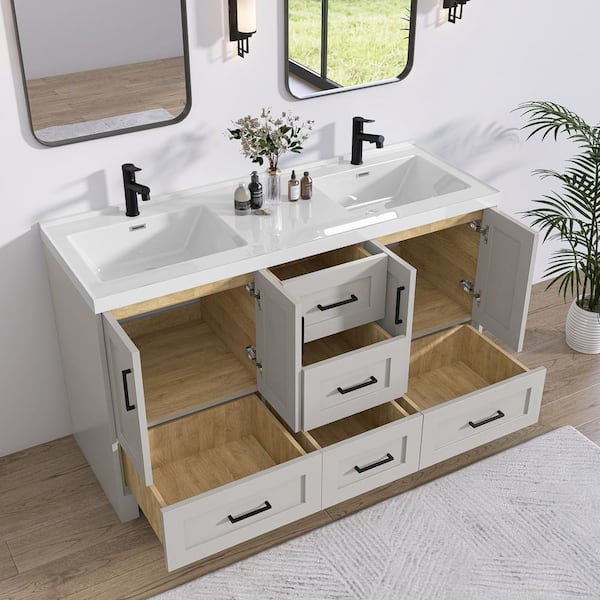 60 in. W x 22 in. D x 36 in. H Bathroom Vanity Double Sink Freestanding Bath Vanity Cabinet in Gray with White Resin Top