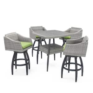 Cannes 5-Piece Wicker Outdoor Bar Height Dining Set with Sunbrella Ginkgo Green Cushions