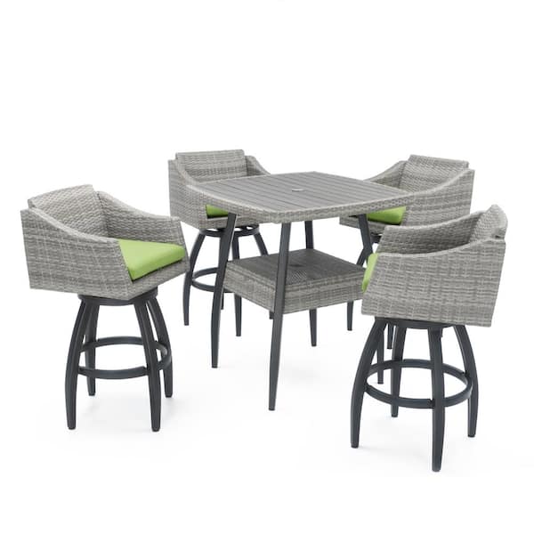 RST BRANDS Cannes 5-Piece Wicker Outdoor Bar Height Dining Set with Sunbrella Ginkgo Green Cushions