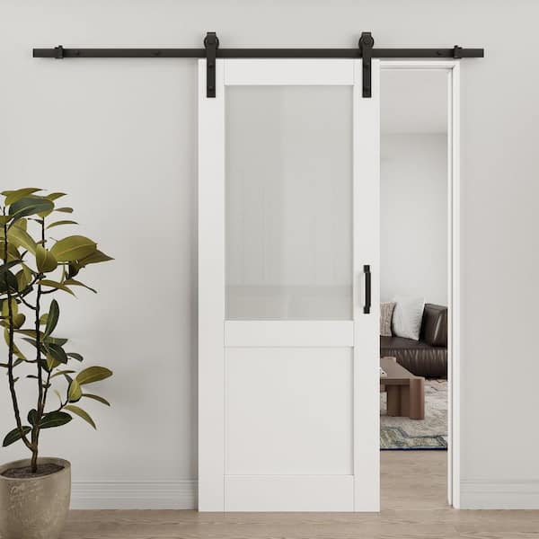 ARK DESIGN 32 in. x 80 in. 1/2 Lite Tempered Frosted Glass White Primed MDF Composite Sliding Barn Door with Hardware Kit