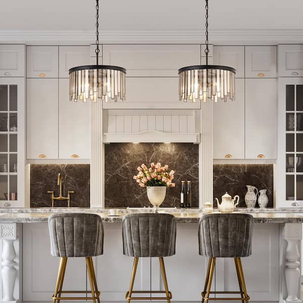 Hemaaolay 3-Light Black Modern Drum Island Chandelier with Circle Plating Mercury Glass Shade for Living Room