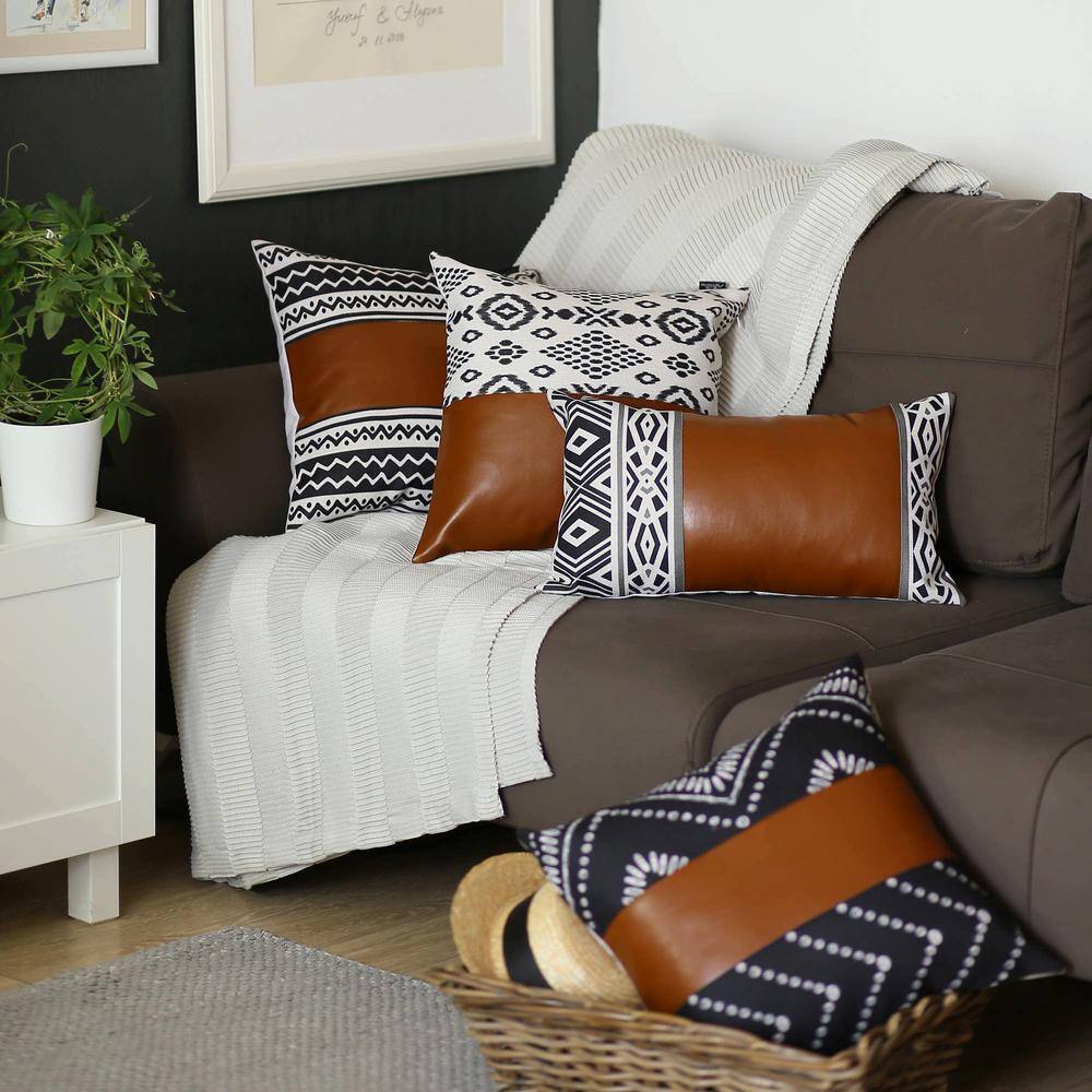 Brown Geometric Vegan Faux Leather 17" x 17" Throw Pillow