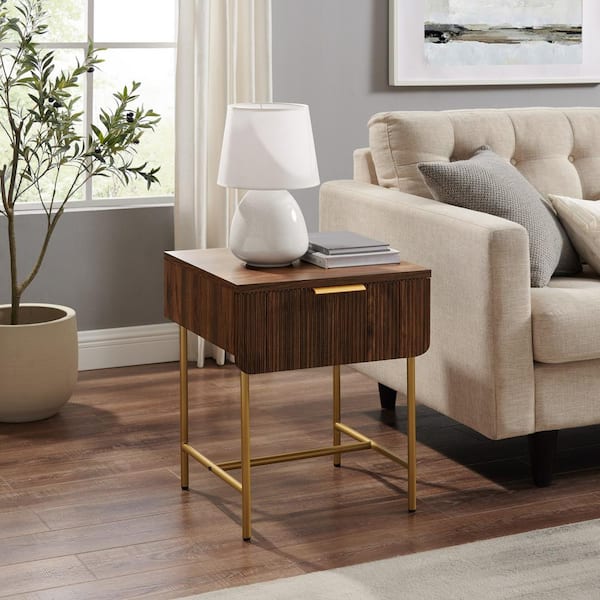 Welwick Designs Modern 18.25 in. Dark Walnut and Gold Rectangle Wood End Table with Reeded Drawer