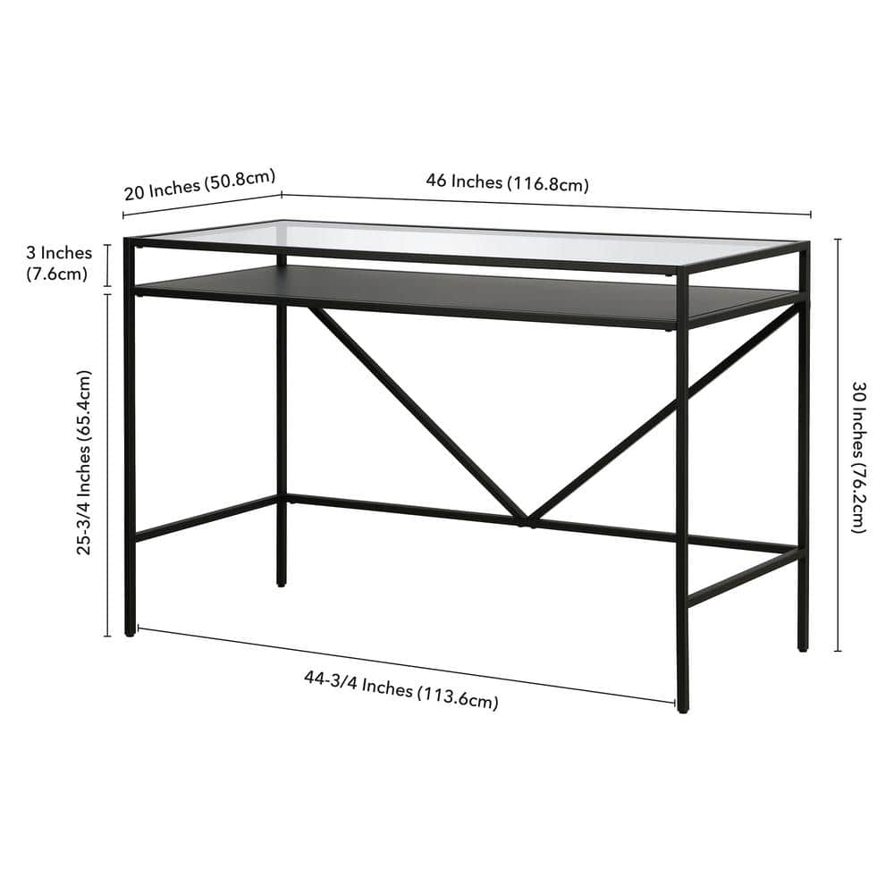 Sleek Blackened Bronze Desk with Tempered Glass Top and Metal Shelf