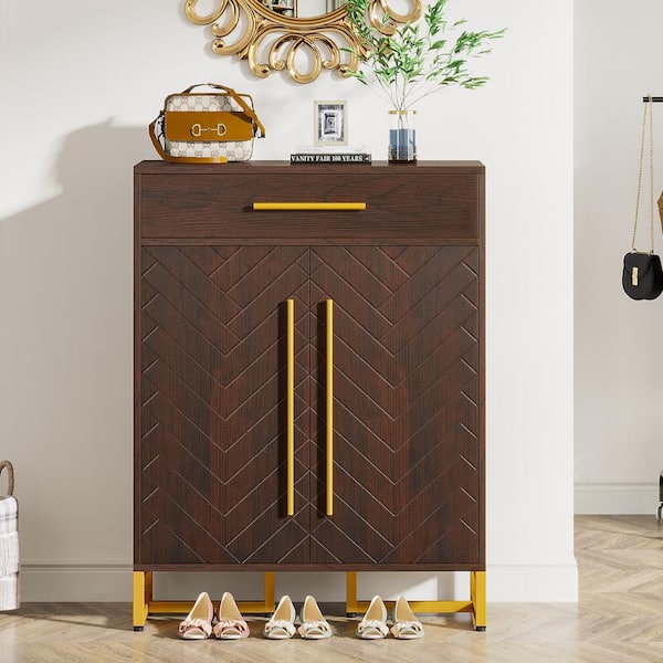 BYBLIGHT 39.37 in. H x 31.5 in. W Walnut Engineered Wood Shoe Storage Cabinet with Doors and 5-Tier Shelves for Entryway