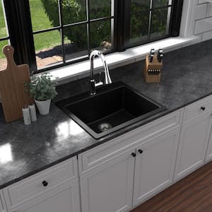QT-820 Quartz 25 in. Single Bowl Drop-In Kitchen Sink in Black