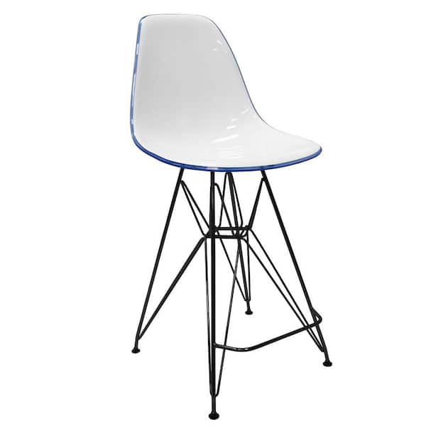 Leisuremod ABS Plastic Barstool 29.5 in. Seat Height Stool with Footrest and Black Steel Base Cresco Series in White/Blue