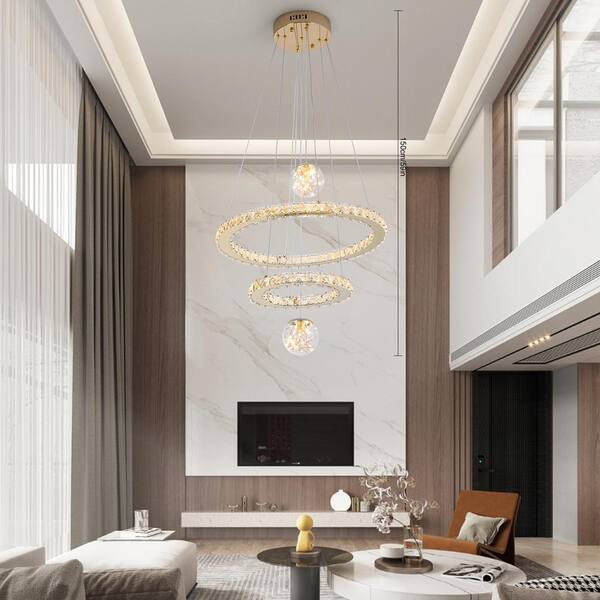 OUKANING 19.68 in. 1-Light Gold Modern Crystal 2 Rings LED