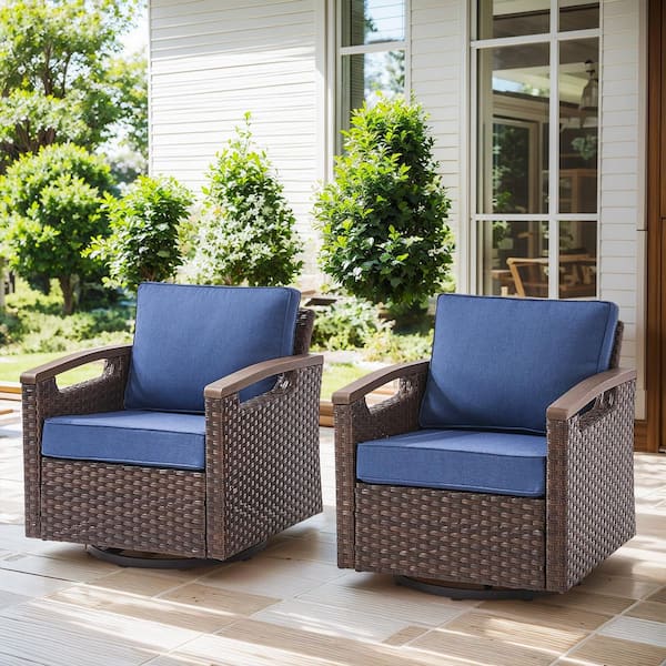 moosprr Farmhouse 2-Piece Brown PE Wicker Outdoor Rocking Chair with Olefin Blue Cushions /Metal Armrest