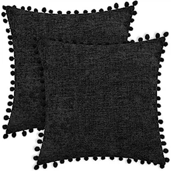 Unbranded Outdoor Throw Pillow Cases Cozy Solid Dyed Soft Chenille Cushion Covers with Pom Poms Pack of 2