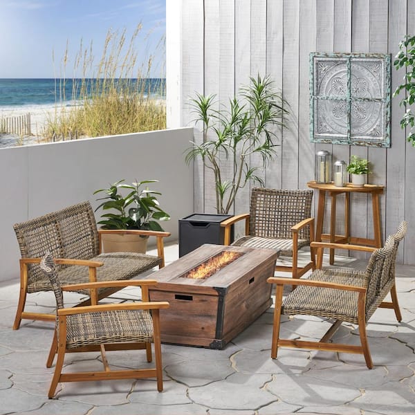 Noble House Hampton Natural Stained 5-Piece Wood Patio Fire Pit Seating Set