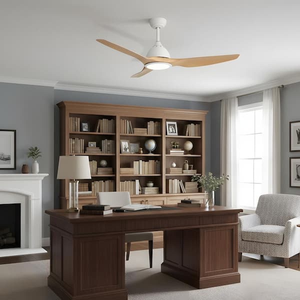 52 in. LED Indoor Oak White Natural Ceiling Fan with Light Kit, DC Reversible Motor,Downrod