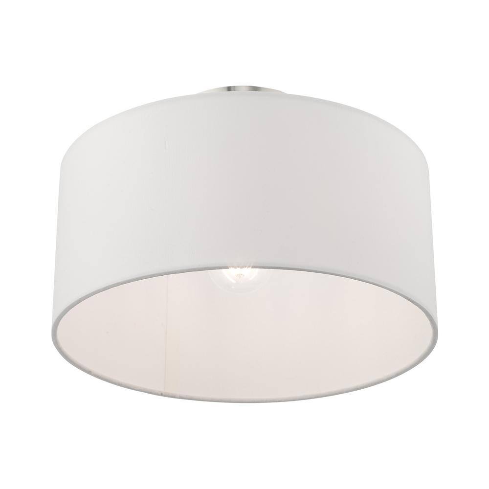 Modern Brushed Nickel Indoor/Outdoor Drum Ceiling Light with Off-White Shade