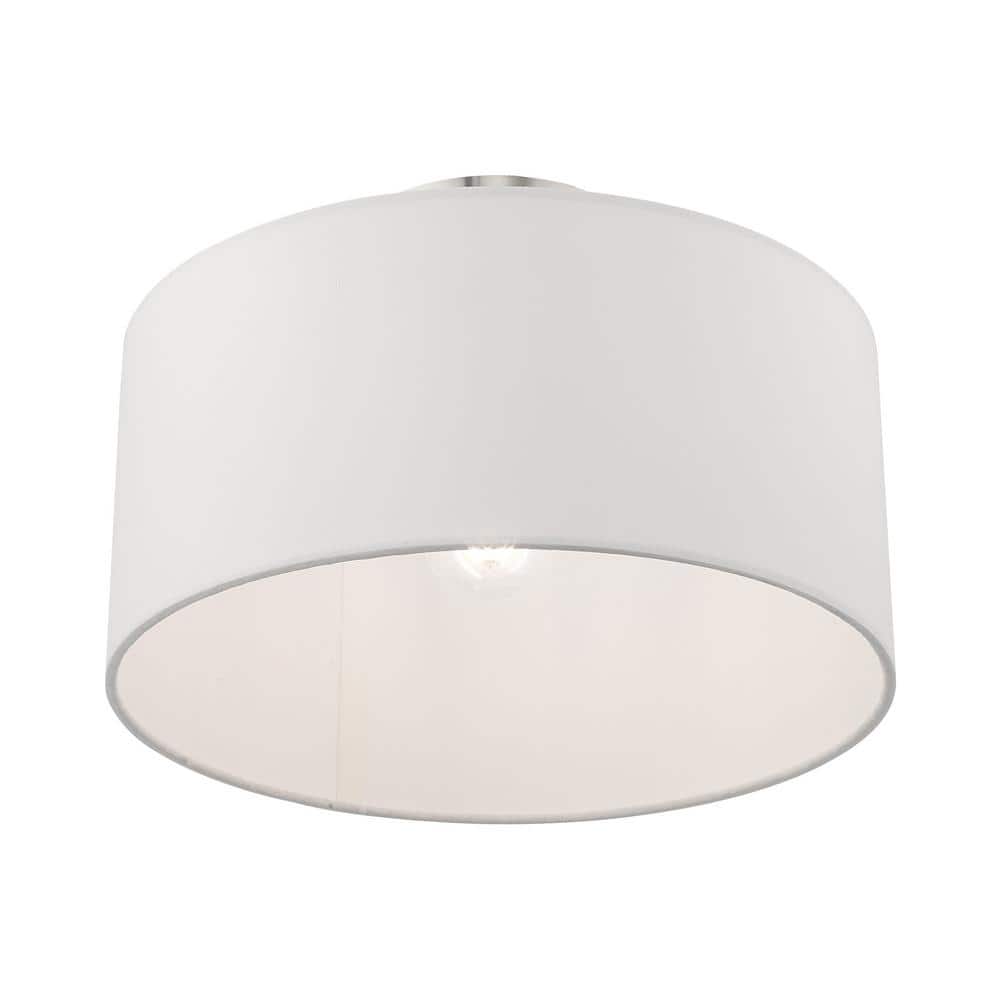 Modern Brushed Nickel Indoor/Outdoor Drum Ceiling Light with Off-White Shade