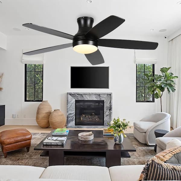 52 in. Smart Indoor Black Low Profile Flush Mount Ceiling Fan with Dimmable LED Light, Remote/APP and Dual Blade Colors