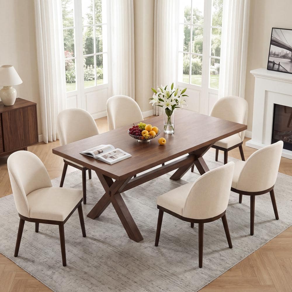 Modern Curved Back Beige Fabric Upholstered Side Dining Chair with Solid Wood Legs (Set of 6) price history on PriceWatchPro