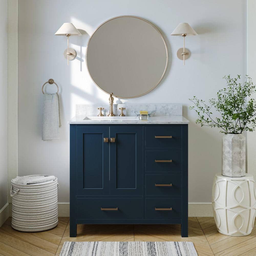 ARIEL Cambridge 37 in. W x 22 in. D x 35.25 in. H Vanity in Midnight Blue with White Marble Vanity Top with Basin -  A037SLCW2RVOMNB