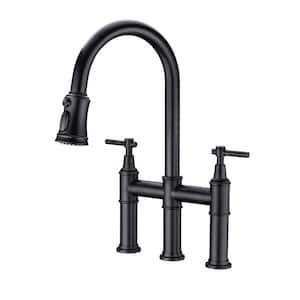 Double Handle 3 Holes Solid Brass Bridge Kitchen Faucet 1.8 GPM with Pull-Down Sprayhead in Spot in Matte Black