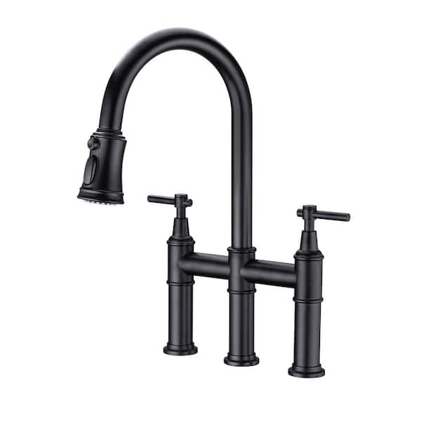 Unbranded Double Handle 3 Holes Solid Brass Bridge Kitchen Faucet 1.8 GPM with Pull-Down Sprayhead in Spot in Matte Black