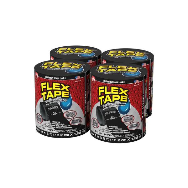 Flex Tape Strong Rubberized Waterproof Tape – 4" X 5' Roll, Black, TFSBLKR0405