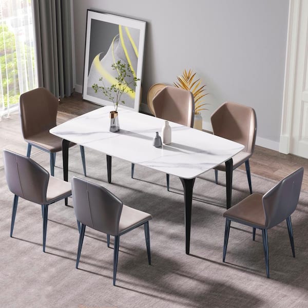 63 in. White Sintered Stone Dining Table with Metal Base in Black
