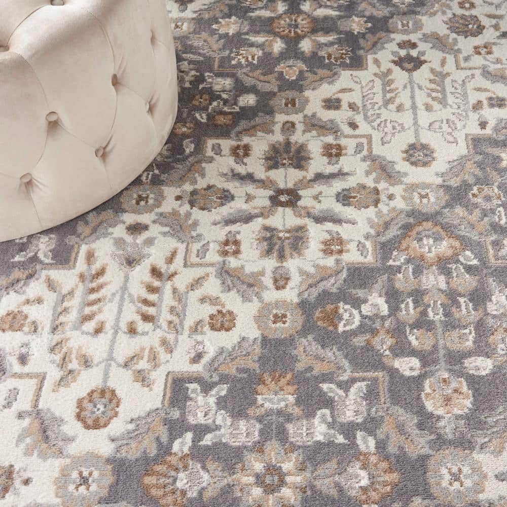 Ivory Grey Floral Synthetic 8' x 10' Area Rug