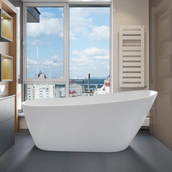 INSTER 59 in. Oval Acrylic Flatbottom Freestanding Soaking Single Slipper Bathtub in Gloss White