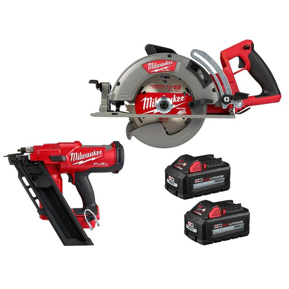 M18 FUEL 18V Lithium-Ion Cordless 7-1/4 in. Rear Handle Circ Saw w/3-1/2 in. 30-Degree Nailer, Two 6 Ah HO Batteries -  Milwaukee, 2830-2745-1862