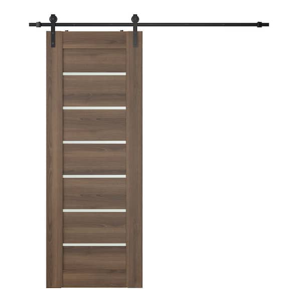 Belldinni Vona 07-02 28 in. x 80 in. 6-Lite Frosted Glass Pecan Nutwood Wood Composite Sliding Barn Door with Hardware Kit