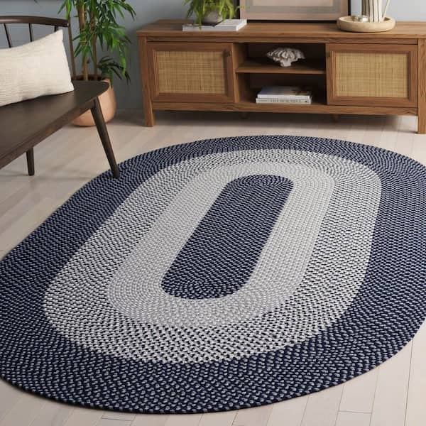 Braided 4 ft. x 6 ft. Gray/Blue Solid Border Striped Oval Area Rug