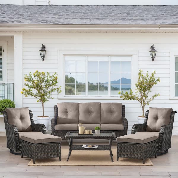 Carlos 6-Piece Brown Wicker Patio Conversation Set with Outdoor Swivel Chairs, CushionGuard Gray Cushion and Ottomans