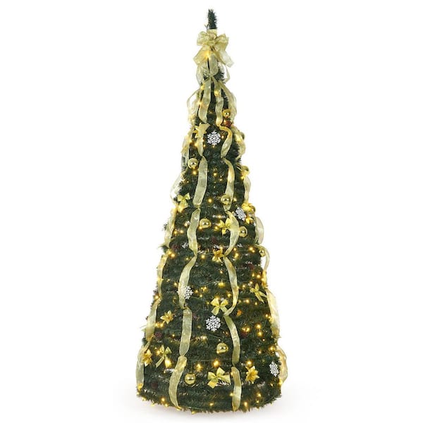 7.5 ft. Pre-Lit LED Pop Up Artificial Christmas Tree with 450-Lights, 4 -Golden Ribbons and Green Plastic Stand